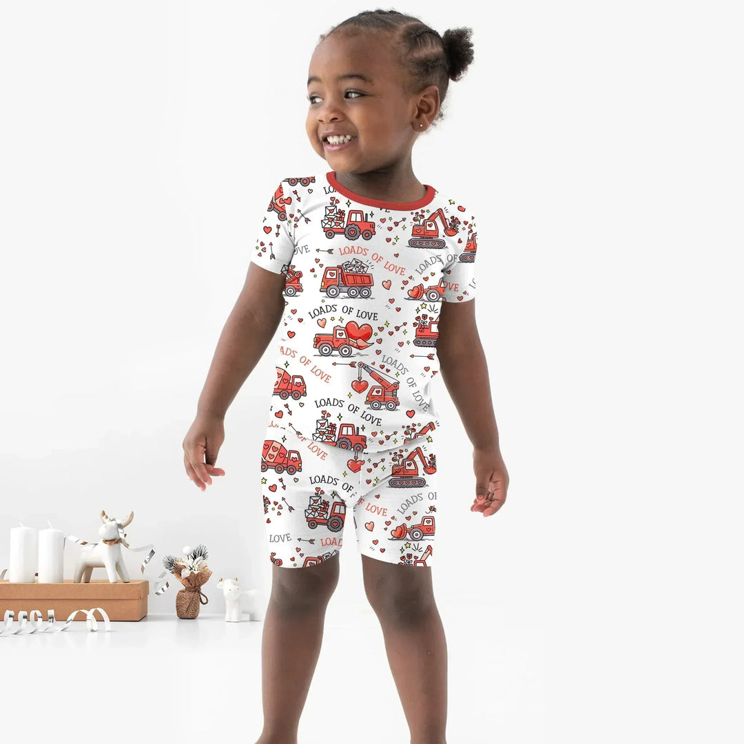 Construction Trucks Loads of Love Bamboo Two Piece Short Sleeve Shorts Pajama Set