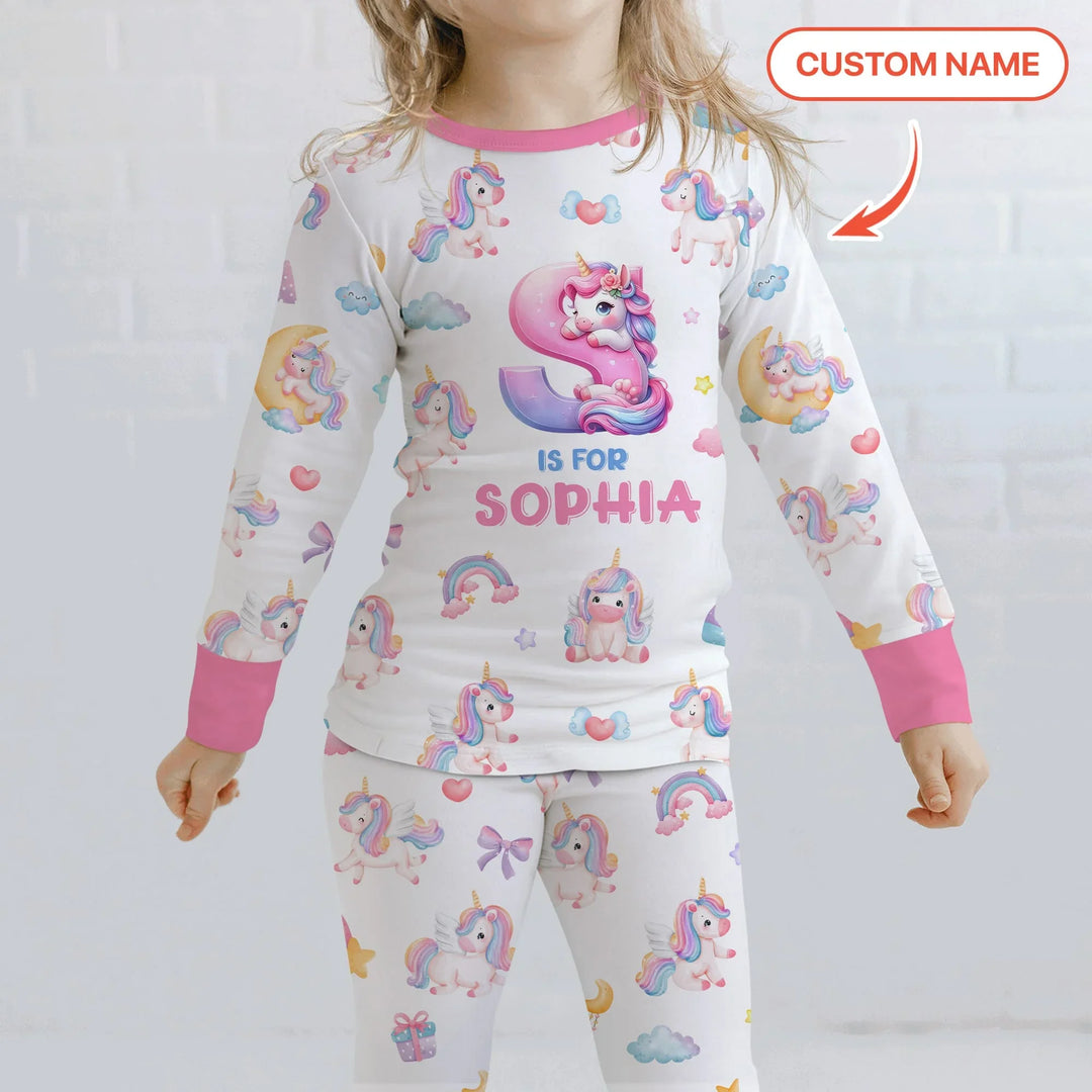 Unicorn Dreams Custom Name Bamboo Two Piece Long Sleeve Pajama Set