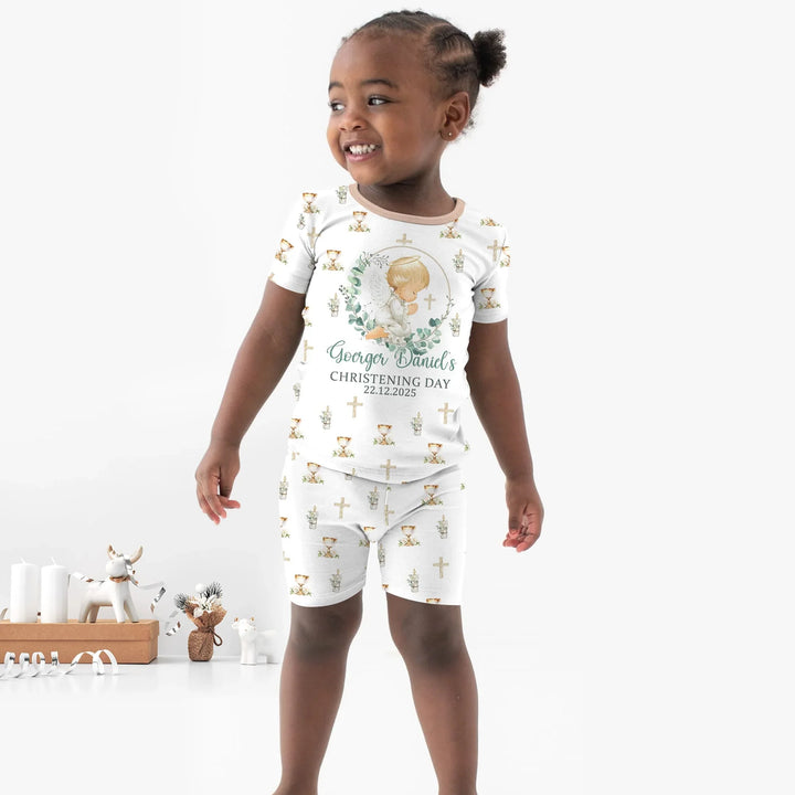 First Christening Day Custom Name Bamboo Two Piece Short Sleeve Shorts Pajama Set