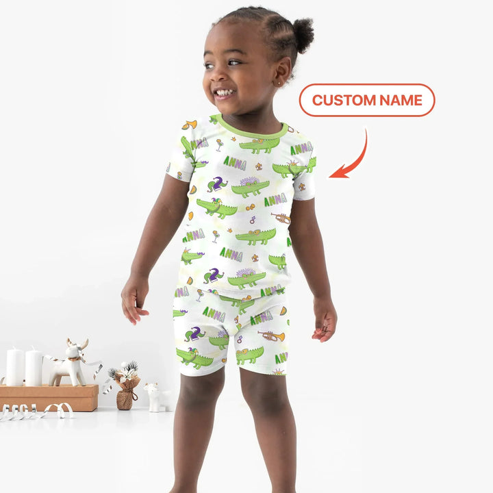 Alligator Mardi Gras Festival Bamboo Two Piece Short Sleeve Shorts Pajama Set