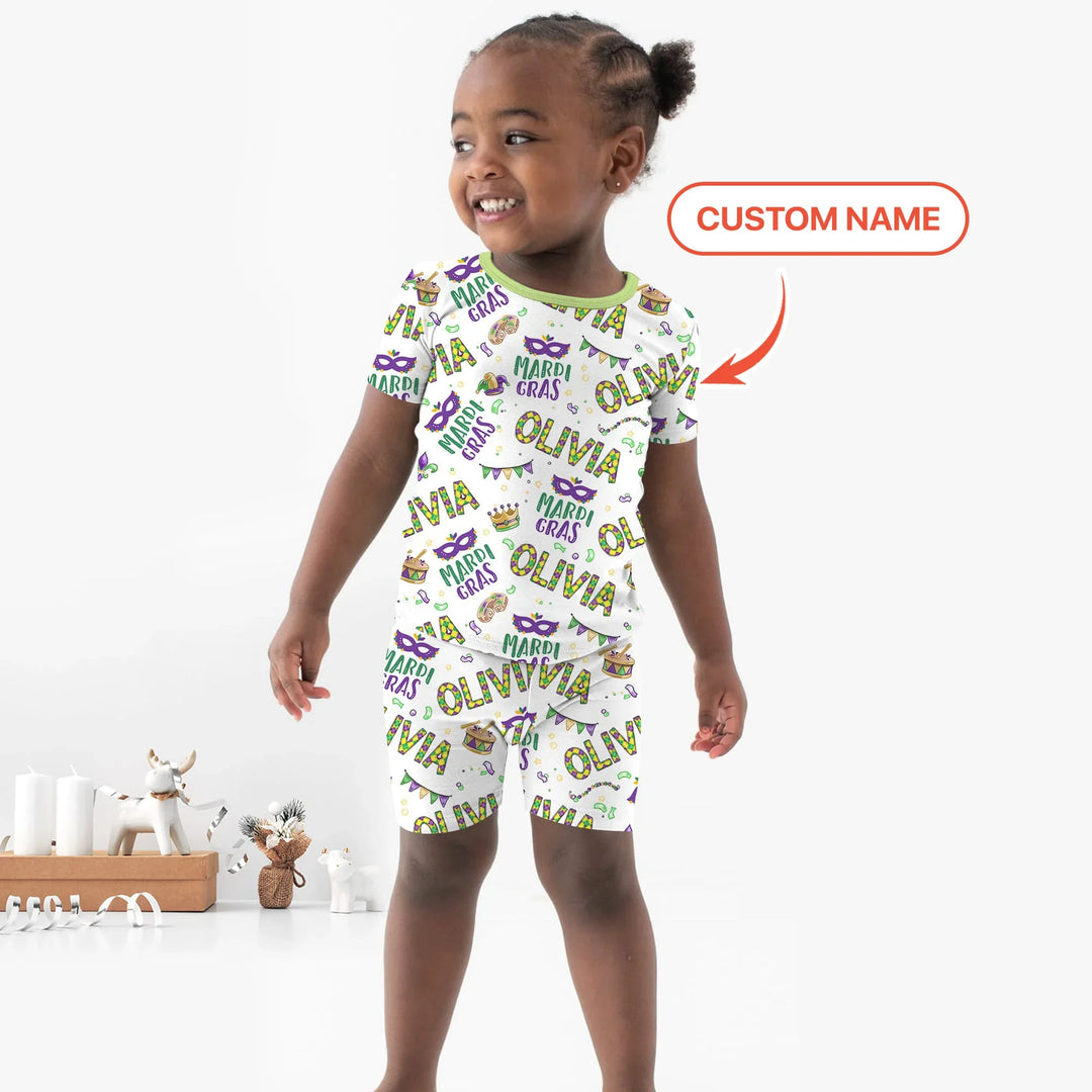 Custom Name Make your own Mardi Gras Bamboo Two Piece Short Sleeve Shorts Pajama Set