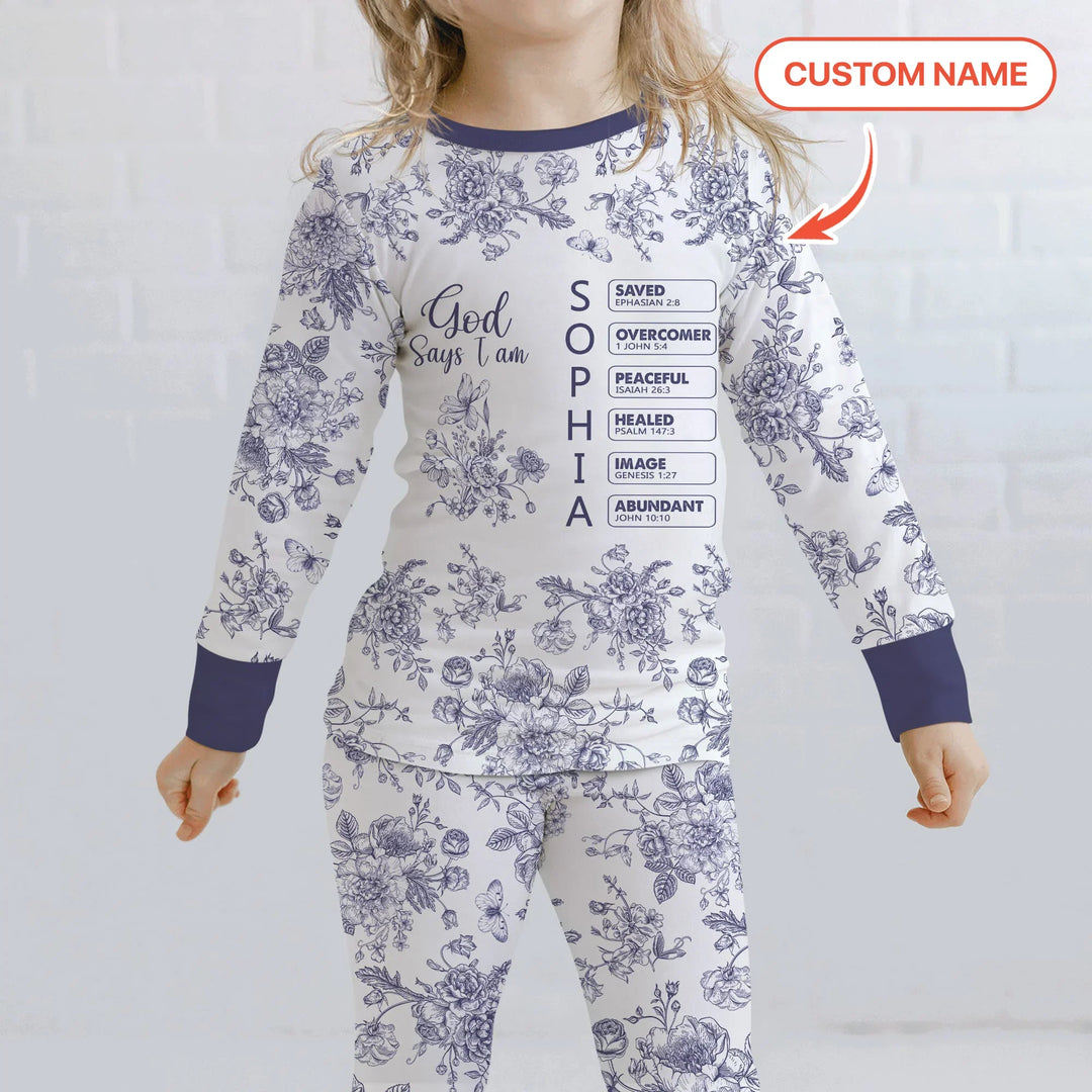 God Says I Am – Faith in Bloom Custom Name and Affirmations Bamboo Two Piece Long Sleeve Pajama Set
