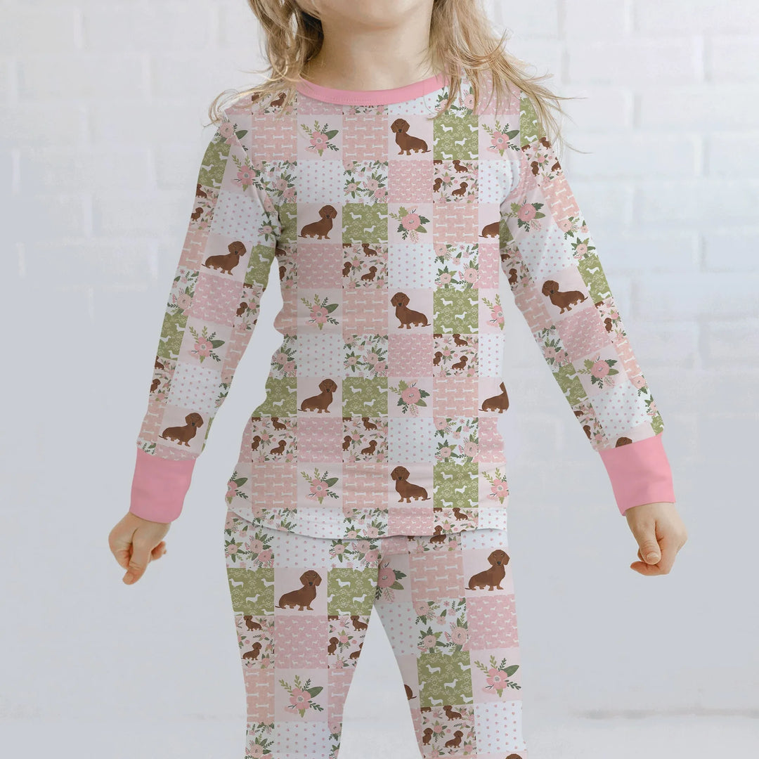 Floral Dachshund Grace Bamboo Two Piece Long Sleeve Pajama Set