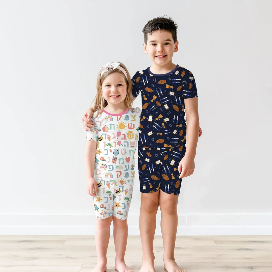 Shabbat Shalom Family Matching Bamboo Two Piece Short Sleeve Shorts Pajama Set