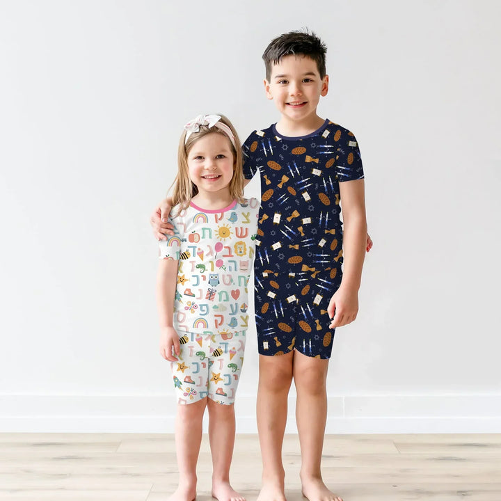 Shabbat Shalom Family Matching Bamboo Two Piece Short Sleeve Shorts Pajama Set