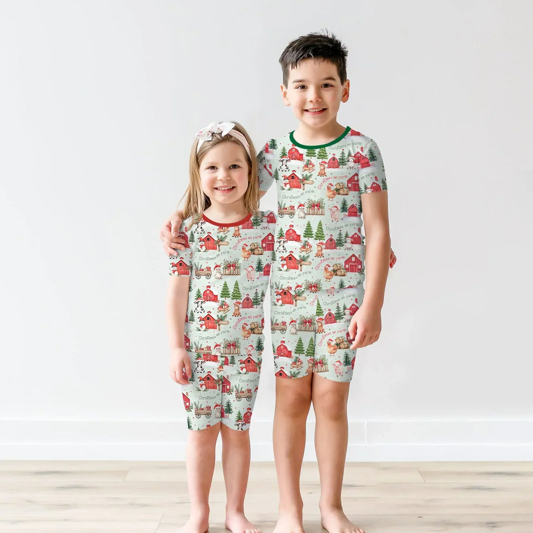 Christmas on Farm Bamboo Two Piece Short Sleeve Shorts Pajama Set
