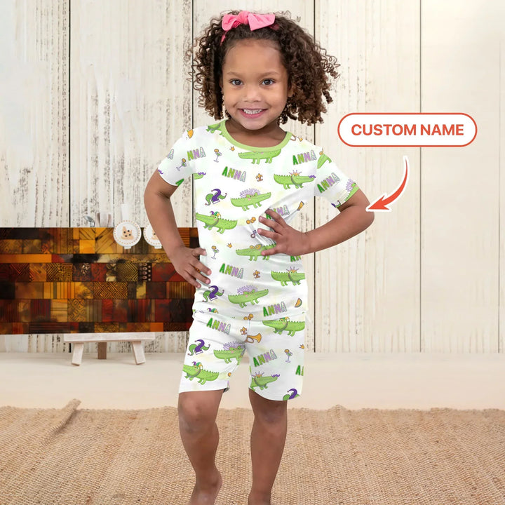Alligator Mardi Gras Festival Bamboo Two Piece Short Sleeve Shorts Pajama Set