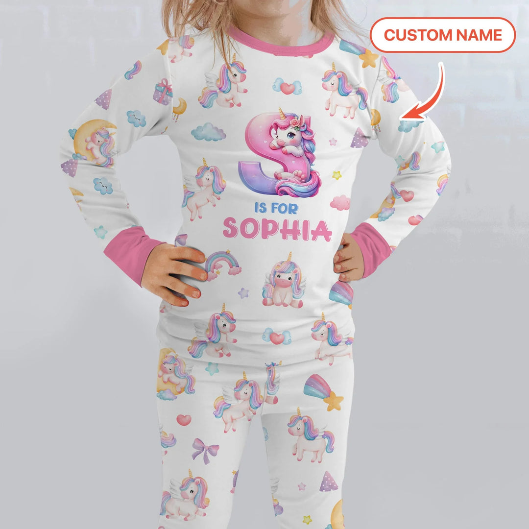 Unicorn Dreams Custom Name Bamboo Two Piece Long Sleeve Pajama Set