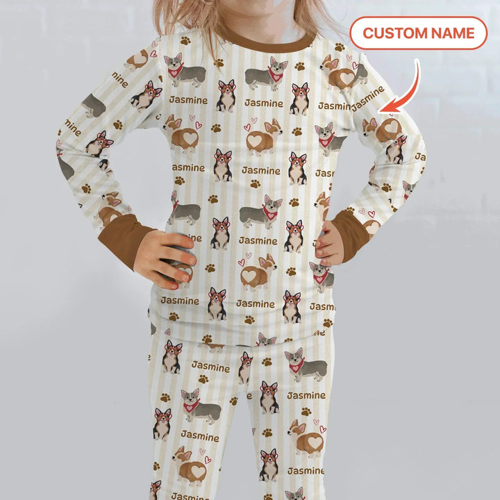 Custom Name Playful Corgis Family Matching Bamboo Two Piece Long Sleeve Pajama Set