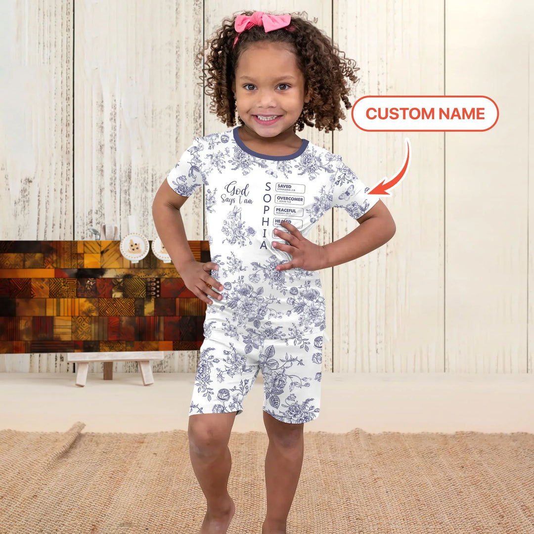 God Says I Am – Faith in Bloom Custom Name and Affirmations Bamboo Two Piece Short Sleeve Shorts Pajama Set