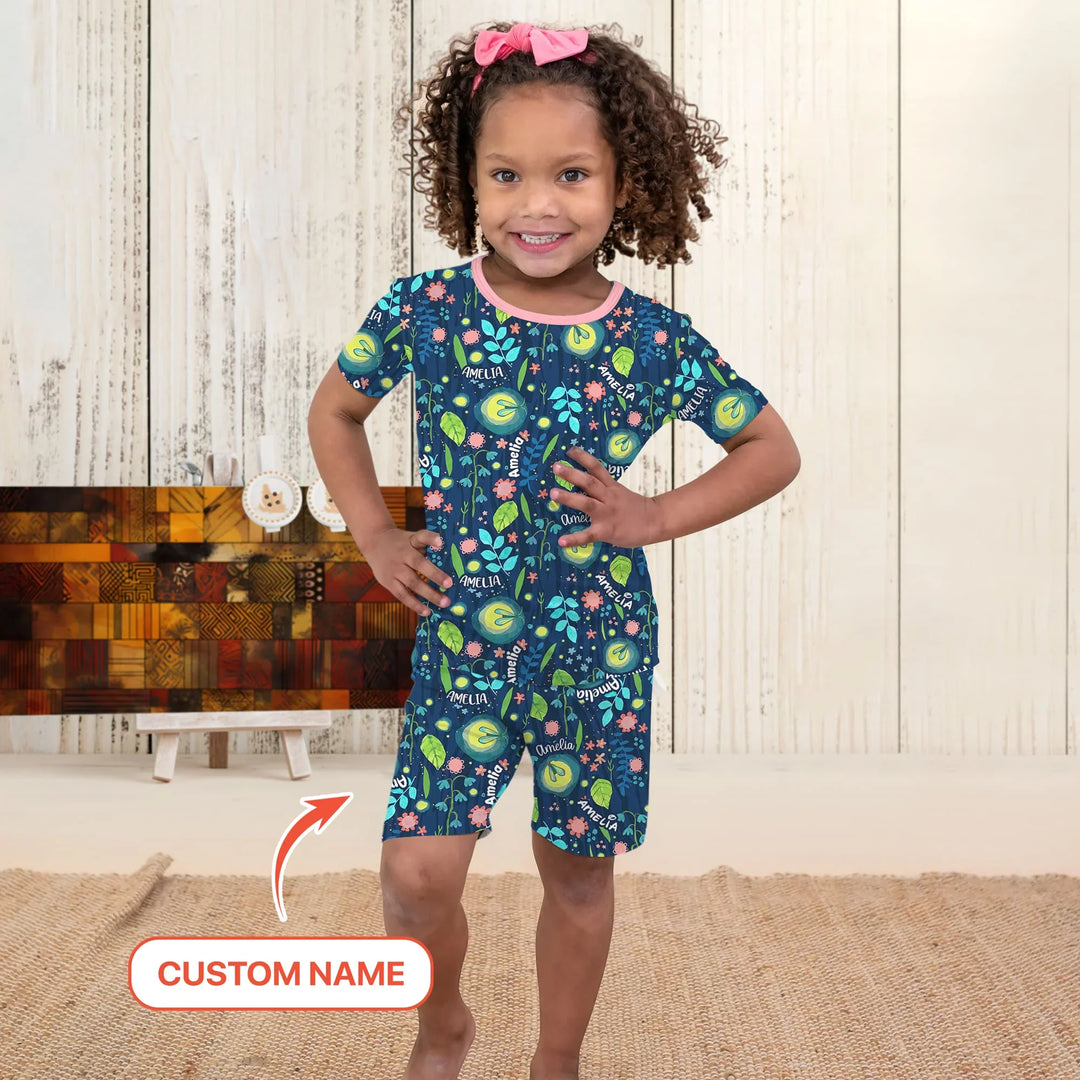 Nighttime Bugs Custom Name Bamboo Two Piece Short Sleeve Shorts Pajama Set