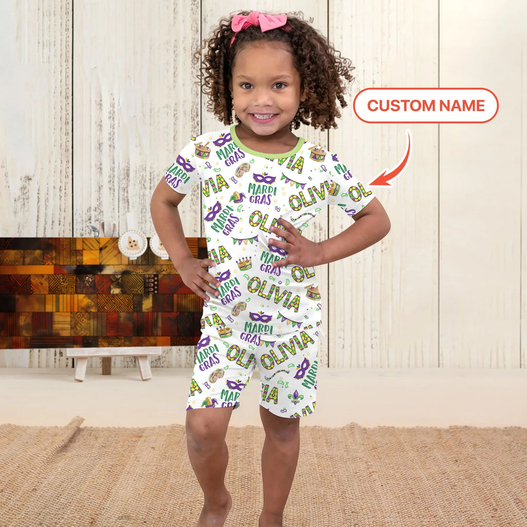 Custom Name Make your own Mardi Gras Bamboo Two Piece Short Sleeve Shorts Pajama Set