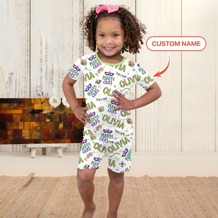 Custom Name Make your own Mardi Gras Bamboo Two Piece Short Sleeve Shorts Pajama Set