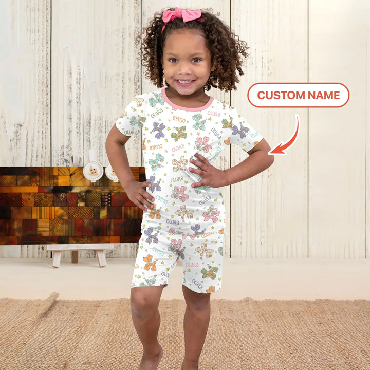 Custom Name Balloon Dog Bamboo Two Piece Short Sleeve Shorts Pajama Set