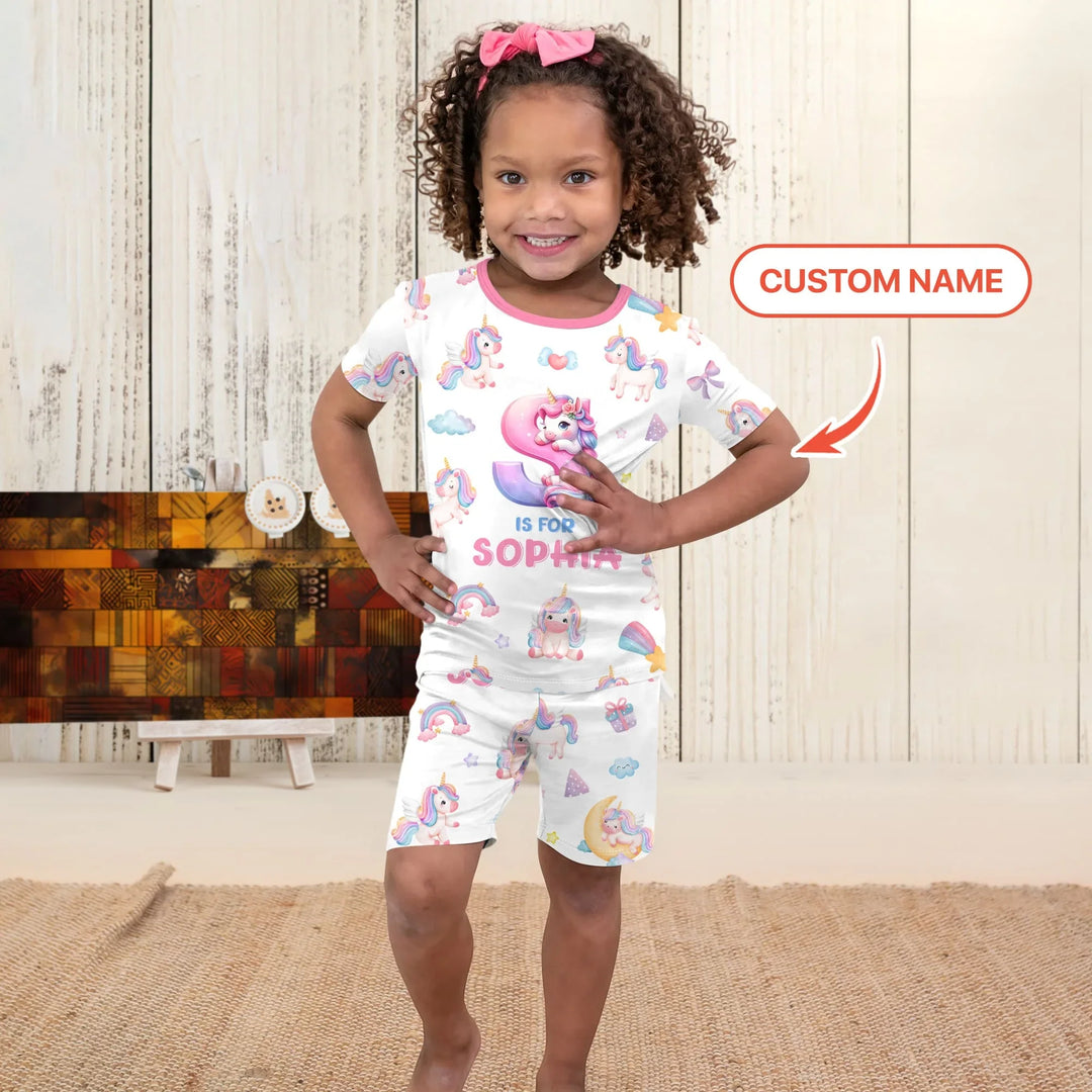 Unicorn Dreams Custom Name Bamboo Two Piece Short Sleeve Shorts Pajama Set