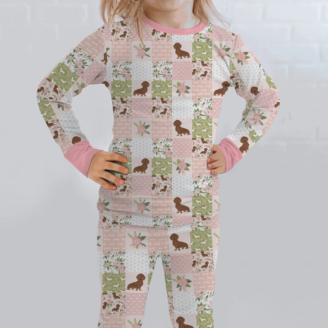 Floral Dachshund Grace Bamboo Two Piece Long Sleeve Pajama Set