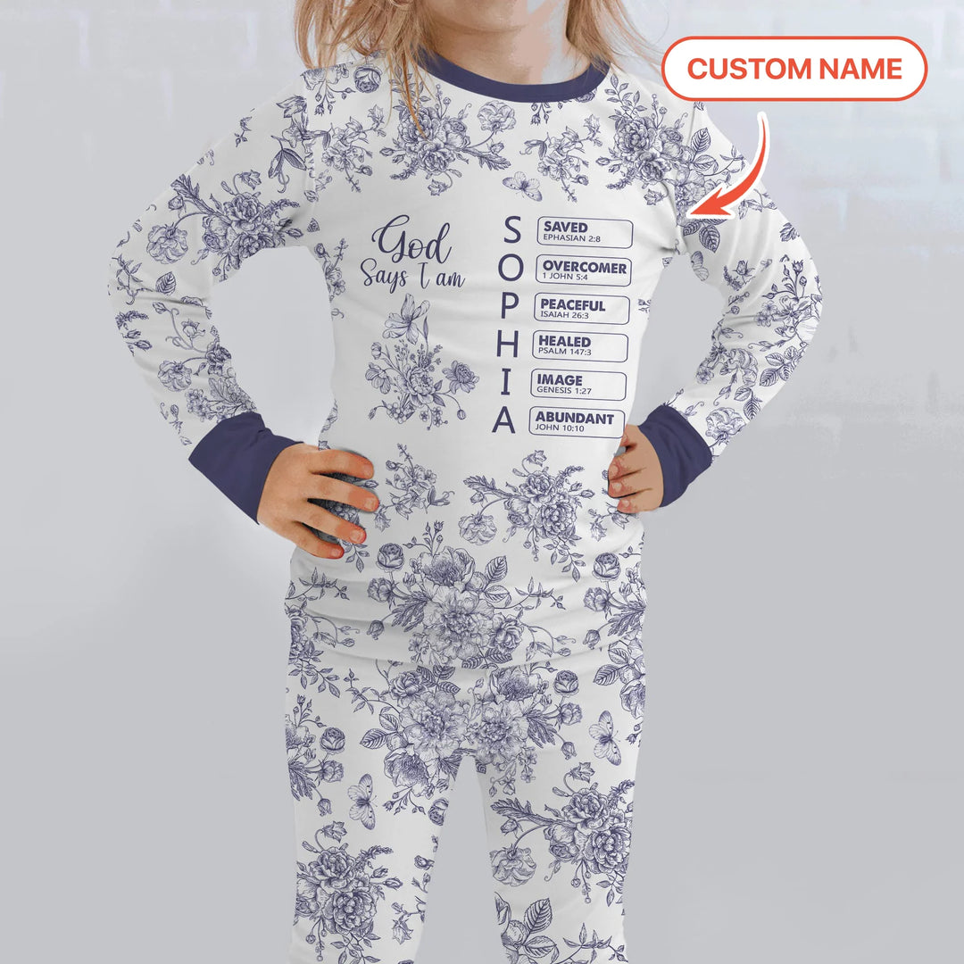 God Says I Am – Faith in Bloom Custom Name and Affirmations Bamboo Two Piece Long Sleeve Pajama Set