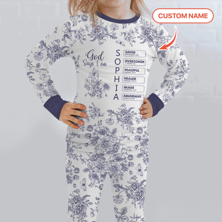 God Says I Am – Faith in Bloom Custom Name and Affirmations Bamboo Two Piece Long Sleeve Pajama Set
