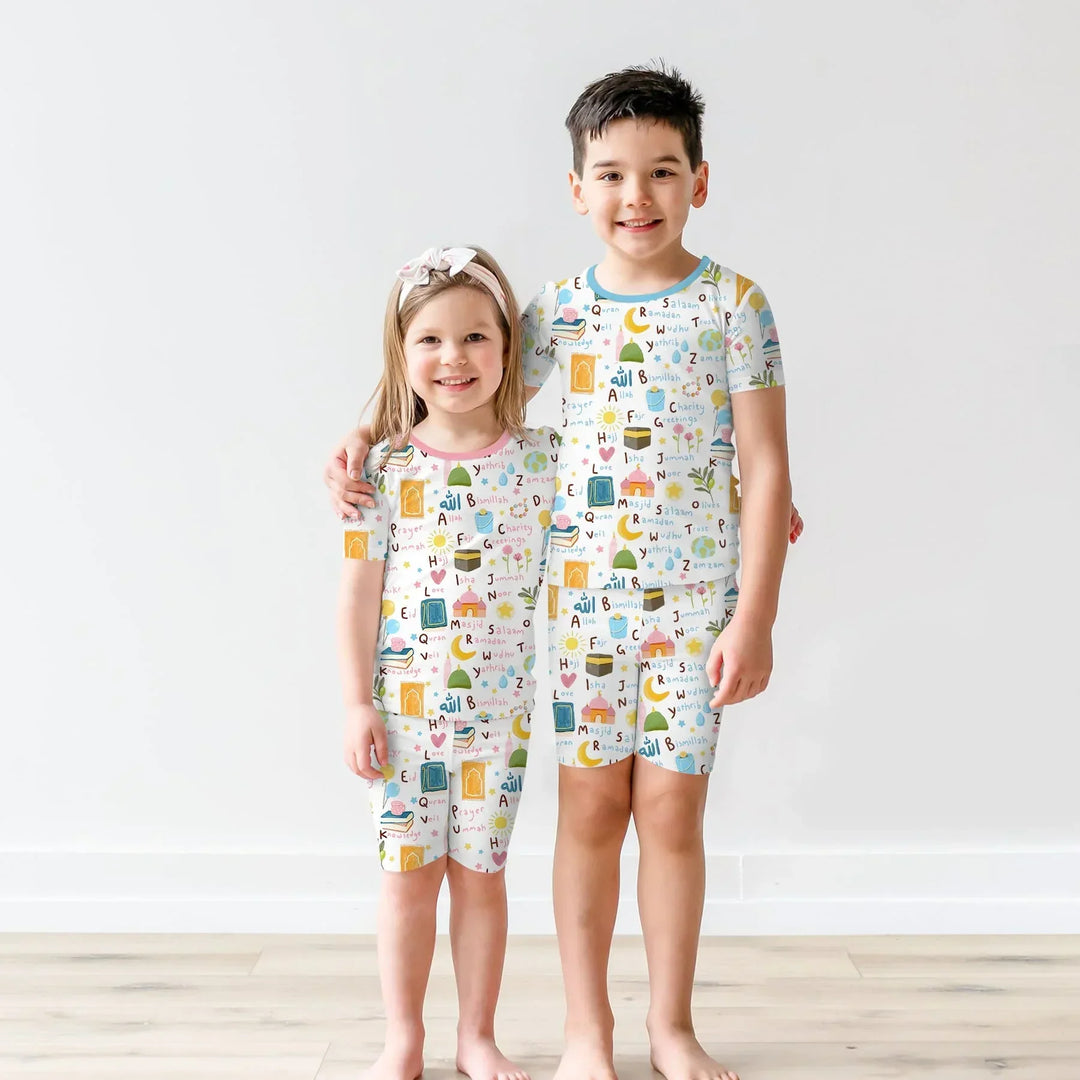 Islamic Alphabet Bamboo Two Piece Short Sleeve Shorts Pajama Set