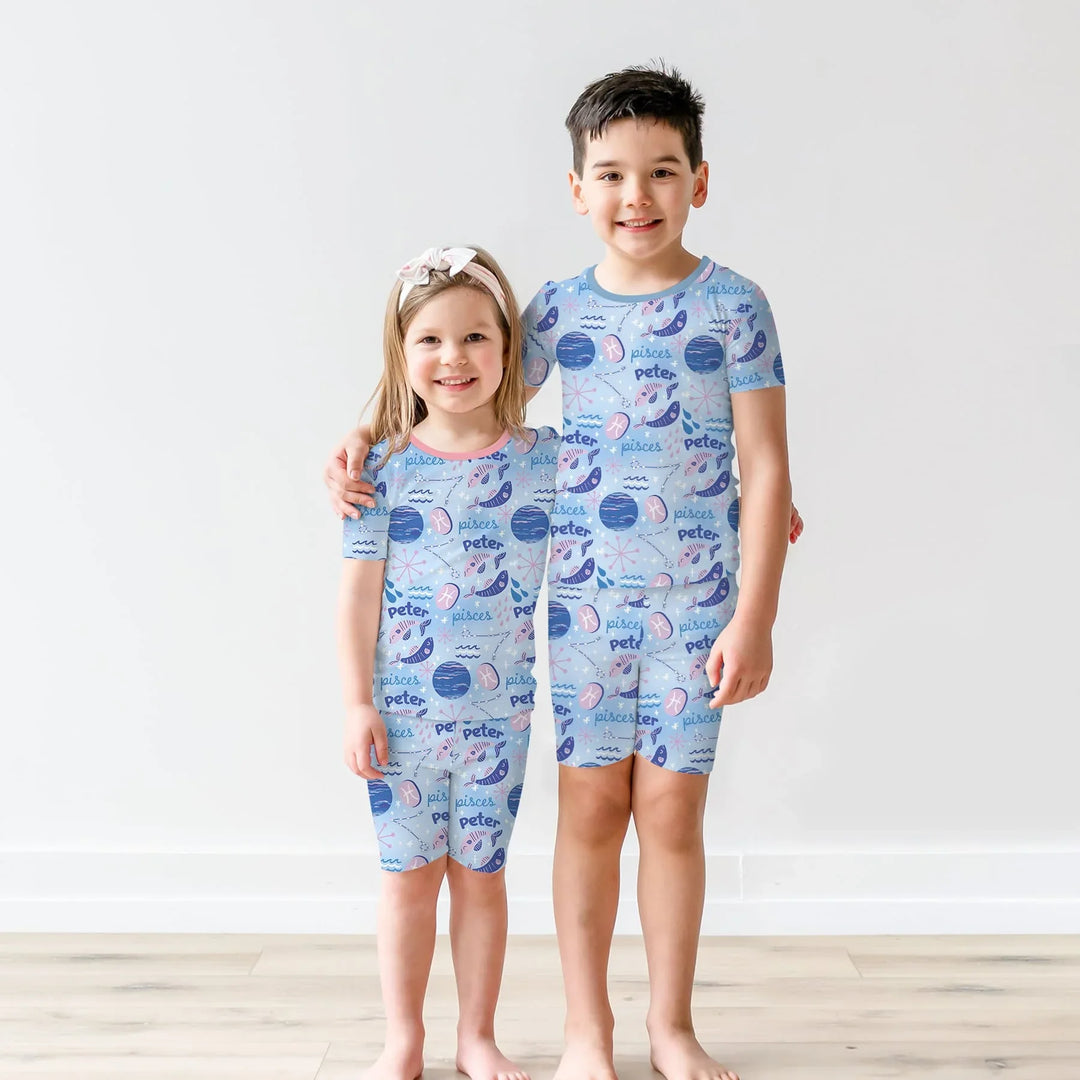 Custom Name Zodiac Pisces Bamboo Two Piece Short Sleeve Shorts Pajama Set