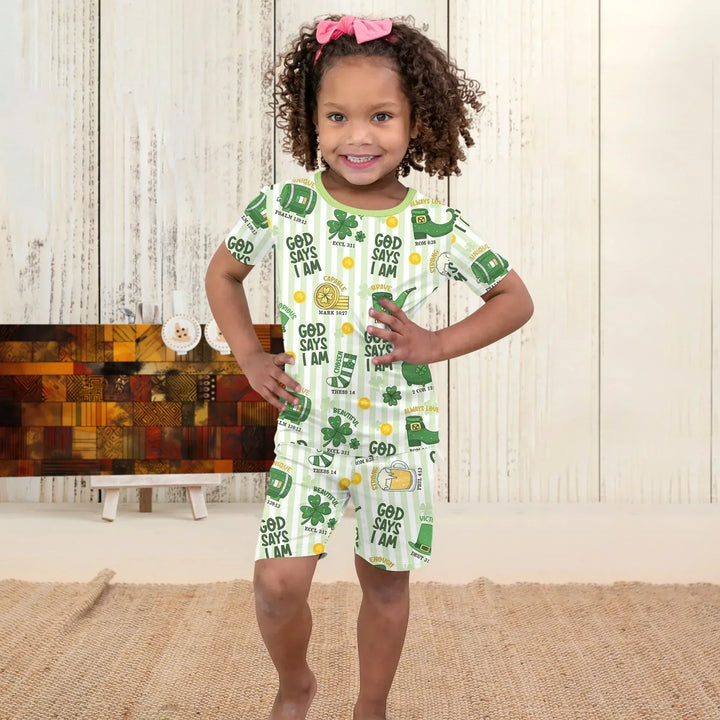 God Says I Am - Lucky & Loved Bamboo Two Piece Short Sleeve Shorts Pajama Set