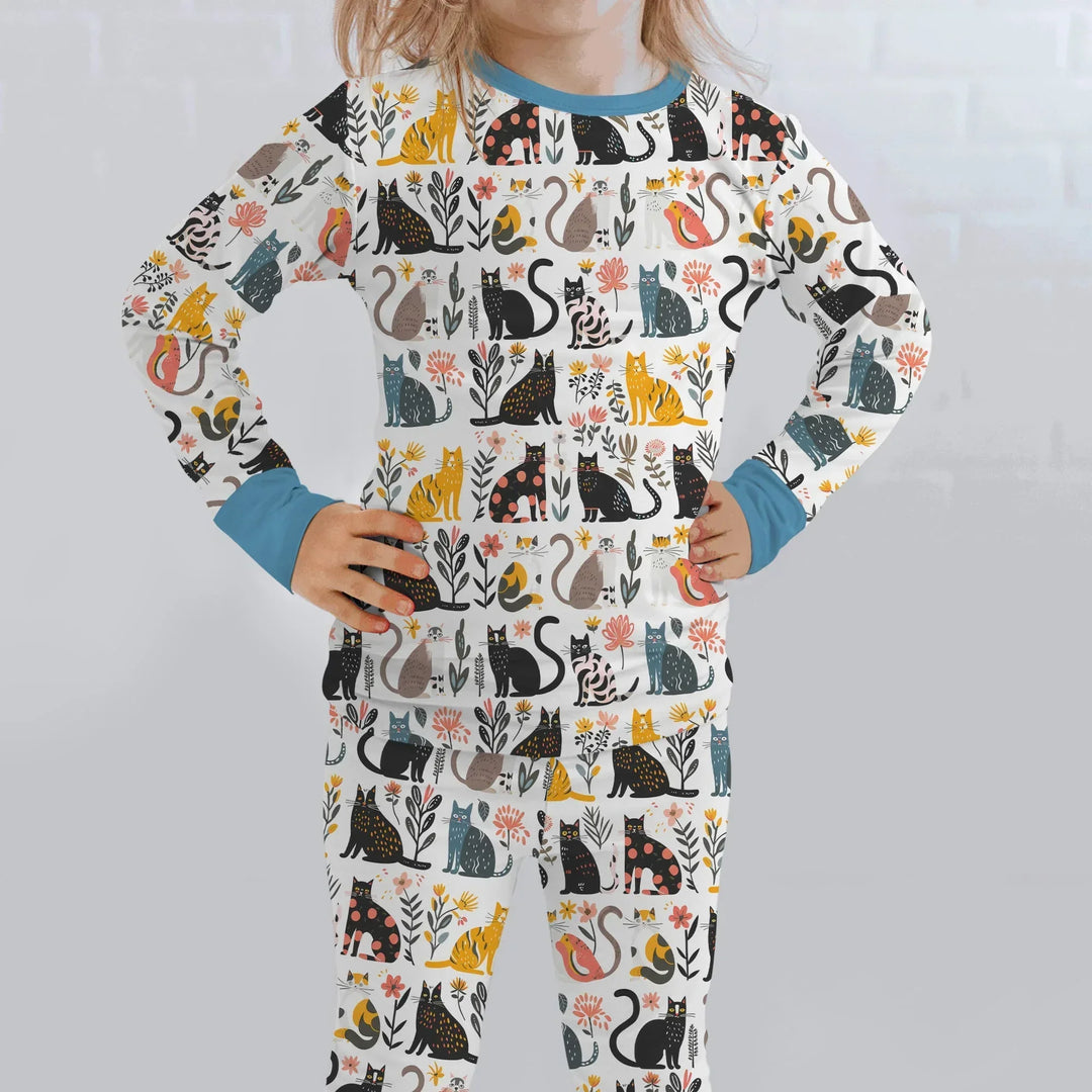 Botanical Cats Bamboo Two Piece Long Sleeve Pajama Set