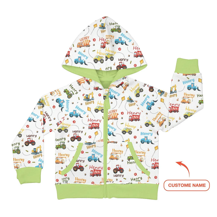 Construction Vehicles Custom Name Bamboo Zip Hoodie