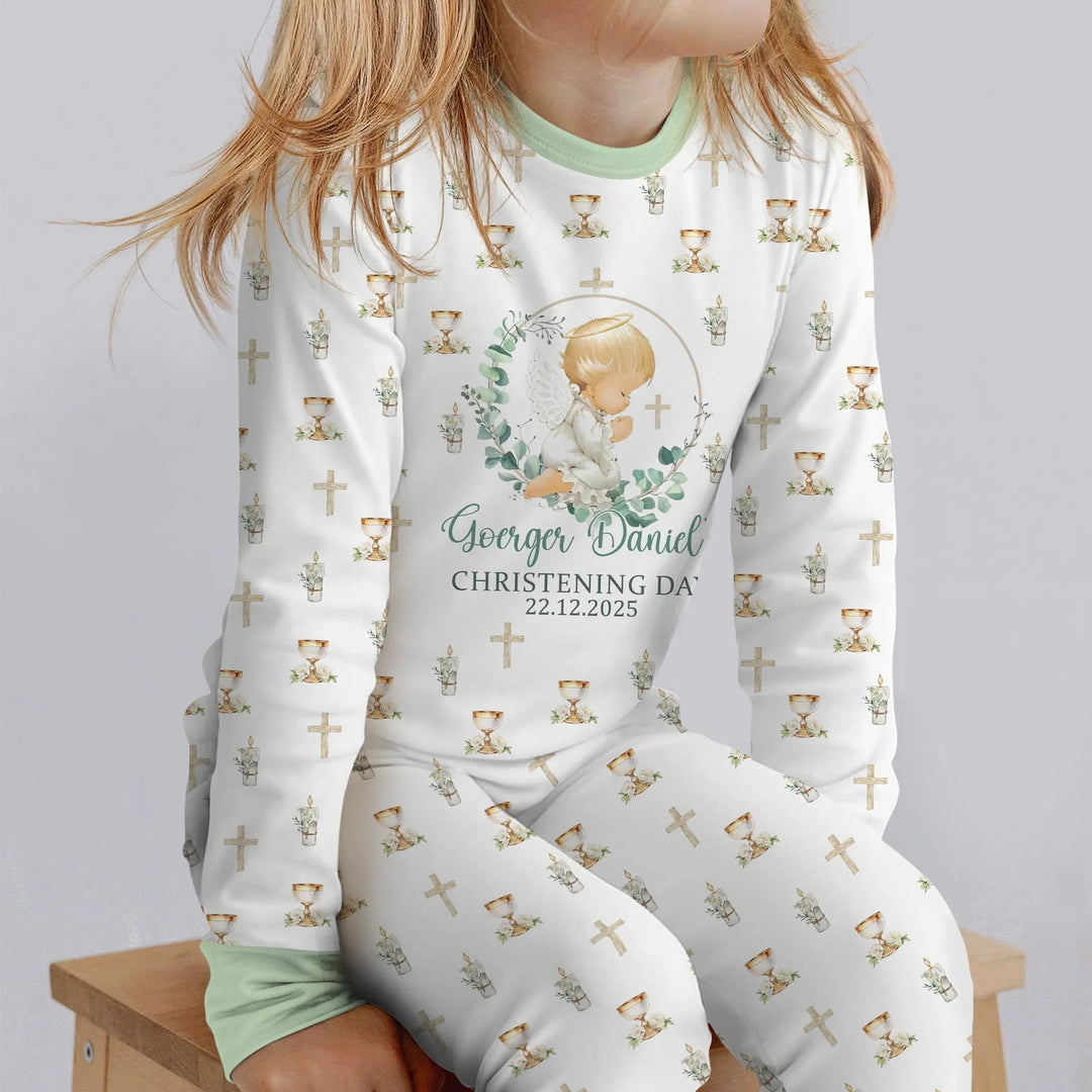 First Christening Day Custom Name Bamboo Two Piece Long Sleeve Pajama Set