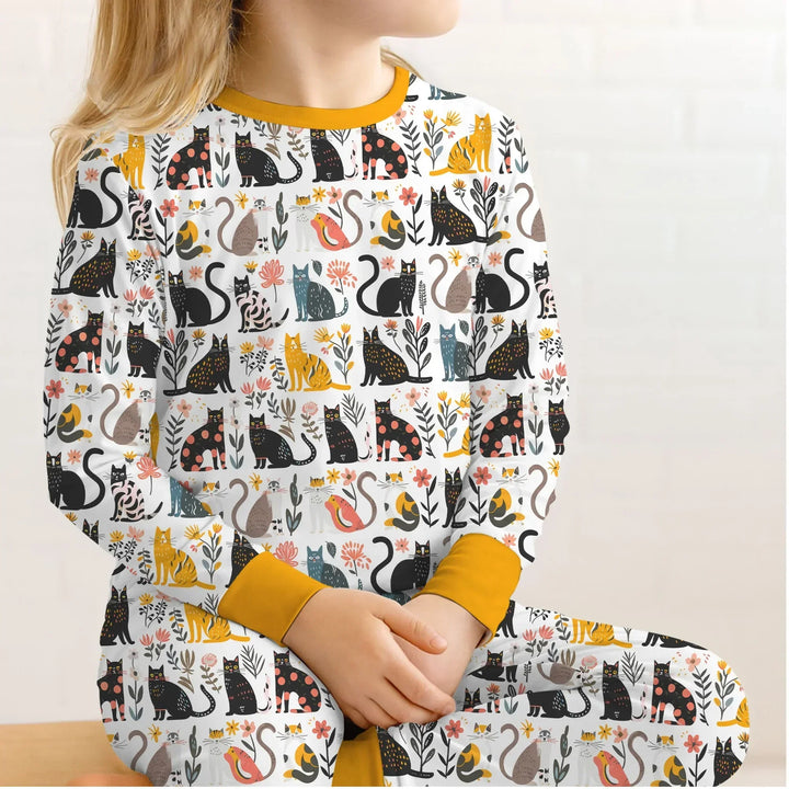 Botanical Cats Bamboo Two Piece Long Sleeve Pajama Set