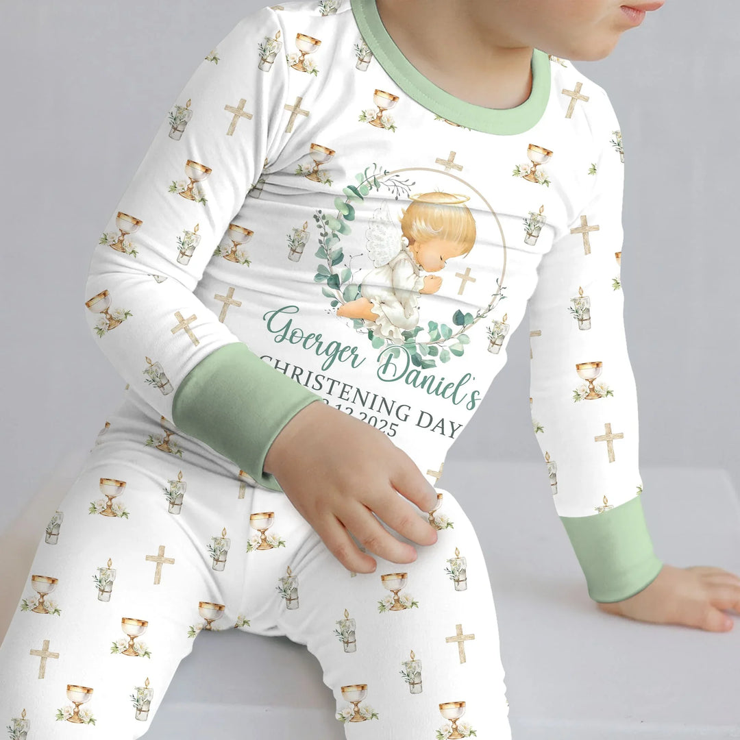 First Christening Day Custom Name Bamboo Two Piece Long Sleeve Pajama Set