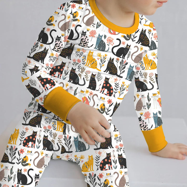 Botanical Cats Bamboo Two Piece Long Sleeve Pajama Set