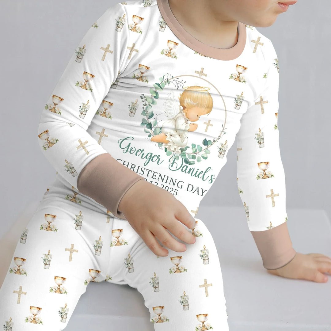 First Christening Day Custom Name Bamboo Two Piece Long Sleeve Pajama Set