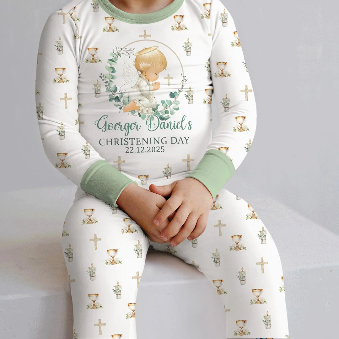 First Christening Day Custom Name Bamboo Two Piece Long Sleeve Pajama Set