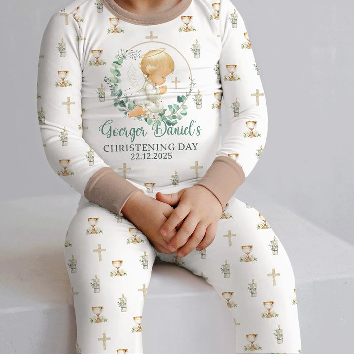 First Christening Day Custom Name Bamboo Two Piece Long Sleeve Pajama Set
