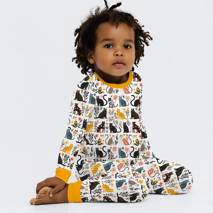 Botanical Cats Bamboo Two Piece Long Sleeve Pajama Set