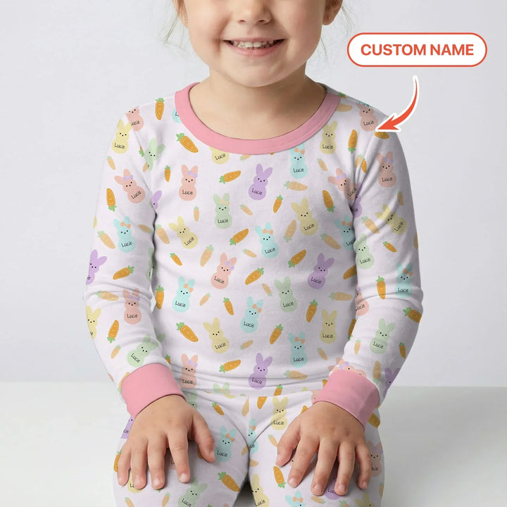 Custom Name Easter Bunny Bamboo Two Piece Long Sleeve Pajama Set