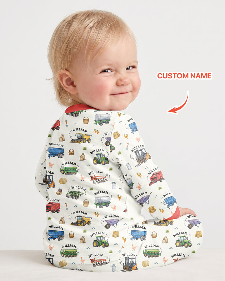 Easily Distracted By Tractors Custom Name Bamboo Two Piece Long Sleeve Pajama Set