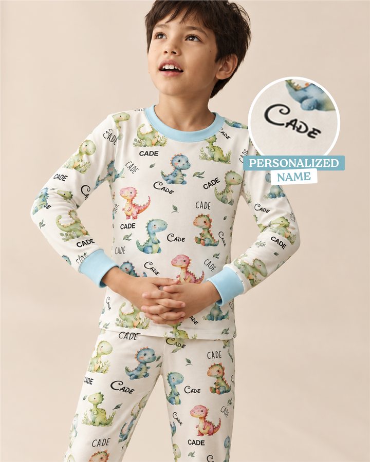 Dinosaur Custom Name Bamboo Two Piece Long Sleeve Pyjamas Set