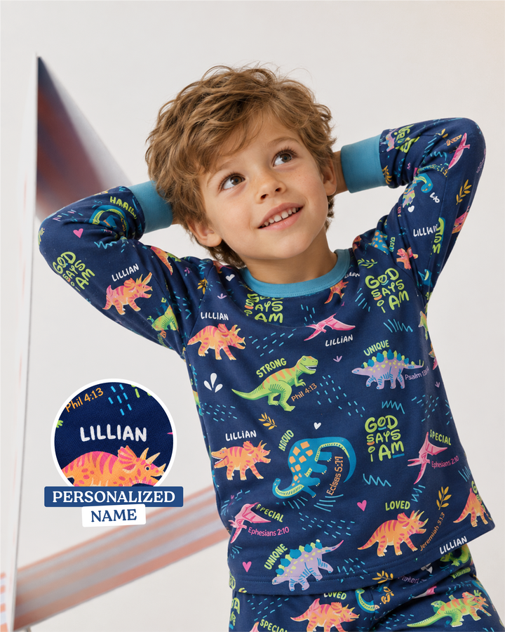 Custom Name God says I am Dinosaur Bamboo Two Piece Long Sleeve Pyjamas Set