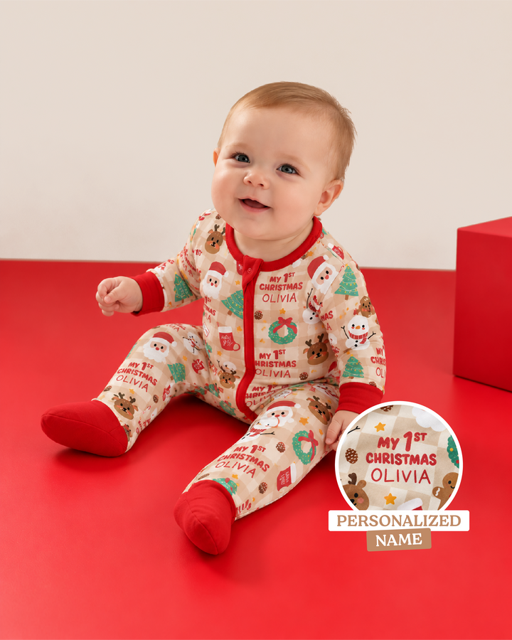 Custom Name My First Christmas Mocha Gingham Bamboo Convertible Zippy