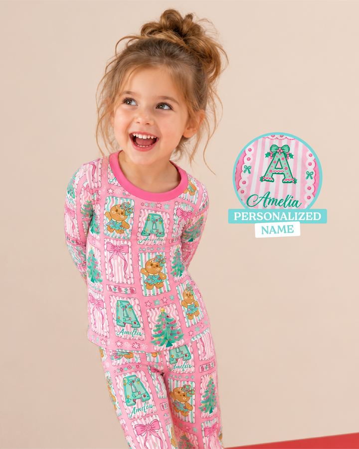 Custom Name "Merry Pink Christmas" Bamboo Two Piece Long Sleeve Pajama Set