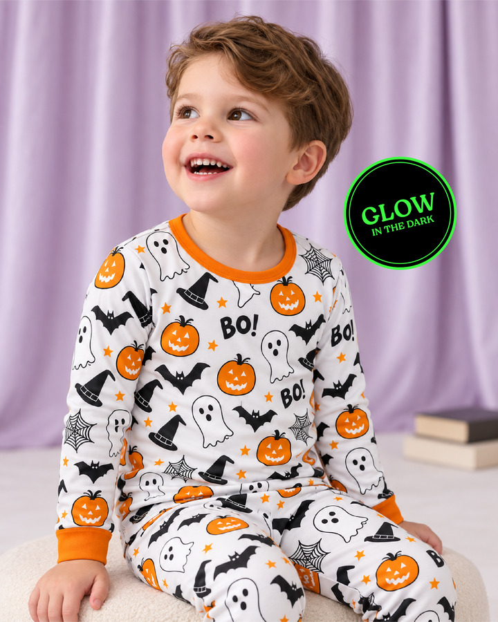 Halloween Boo & Pumpkin Glow In The Dark Bamboo Two Piece Long Sleeve Pyjamas Set