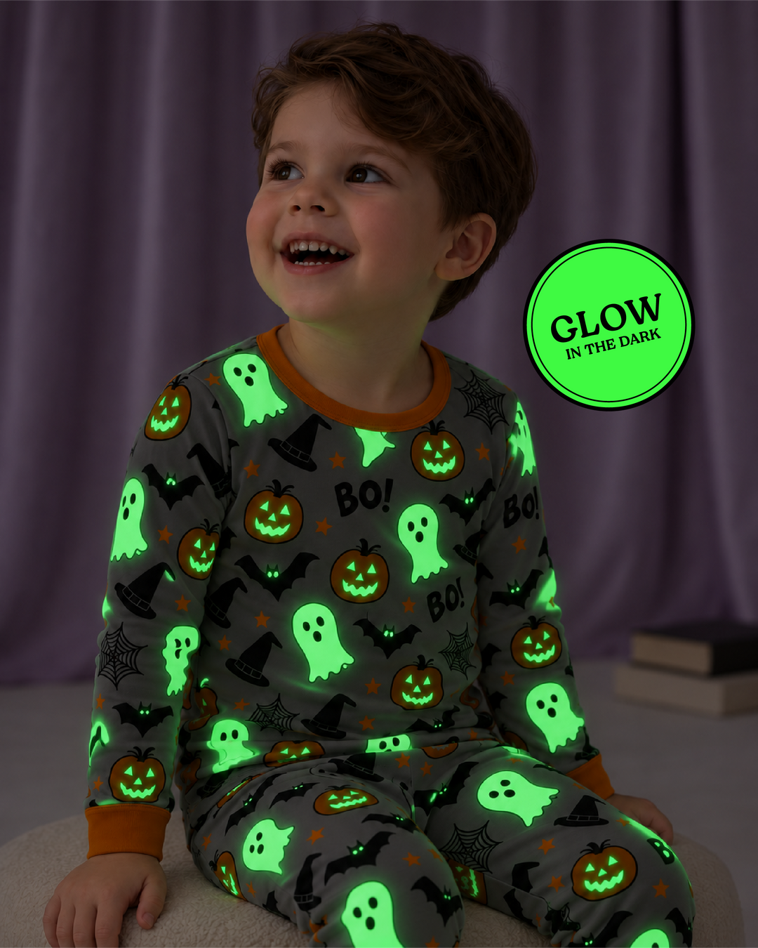 Halloween Boo & Pumpkin Glow In The Dark Bamboo Two Piece Long Sleeve Pyjamas Set