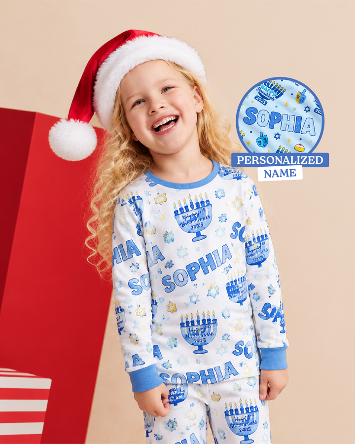Custom name Happy Hanukkah 2025 Bamboo Two Piece Long Sleeve Pajama Set