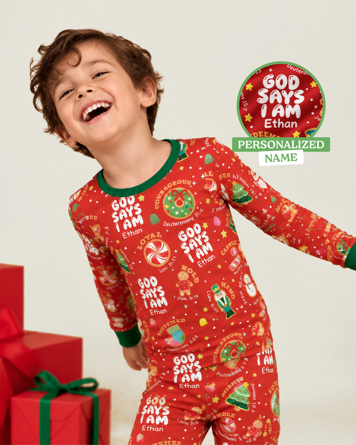 Merry Christmas God Says I Am Custom Name Bamboo Two Piece Long Sleeve Pyjamas Set
