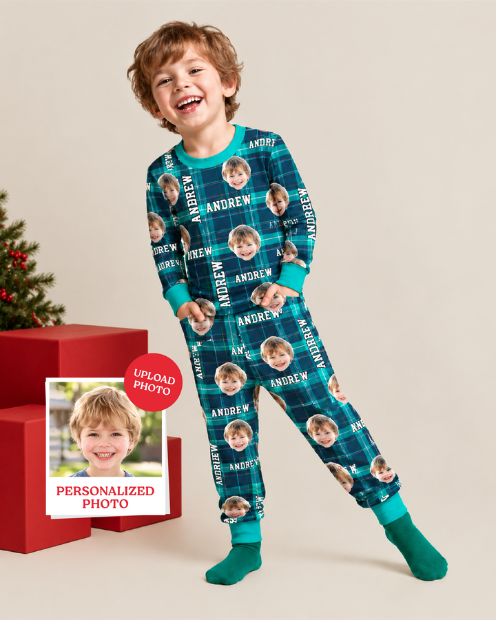 Custom Photo & Name Christmas Plaid Bamboo Two Piece Long Sleeve Pyjamas Set