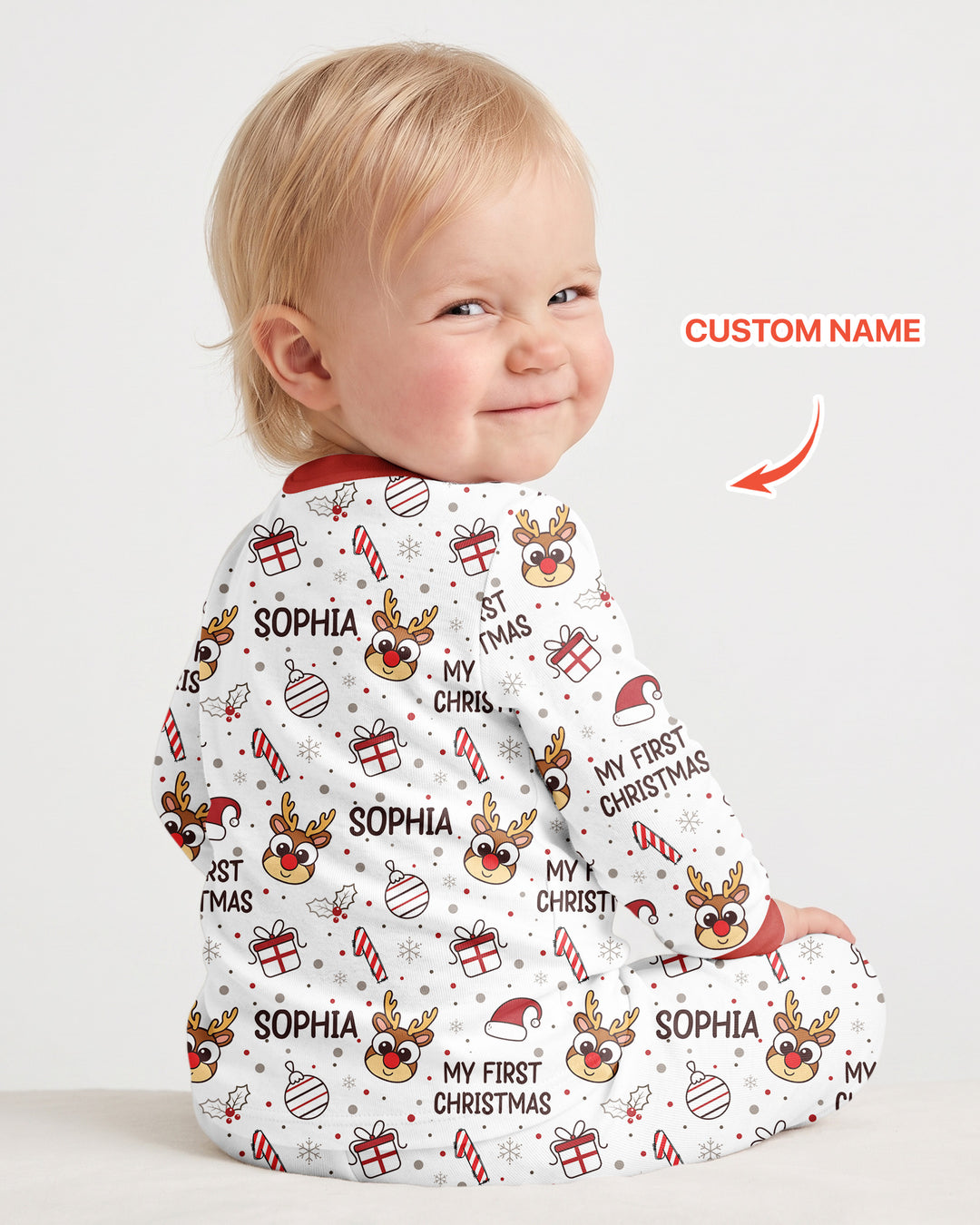 Custom Name Reindeer Doodle My First Christmas Bamboo Two Piece Long Sleeve Pajama Set