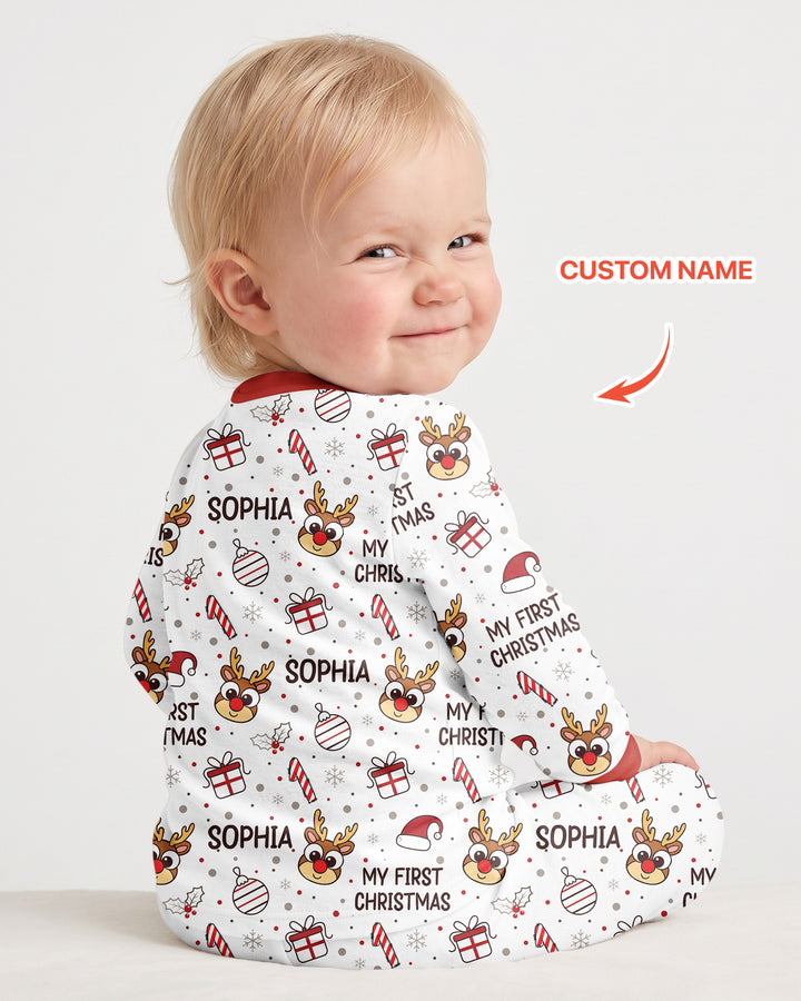 Custom Name Reindeer Doodle My First Christmas Bamboo Two Piece Long Sleeve Pajama Set