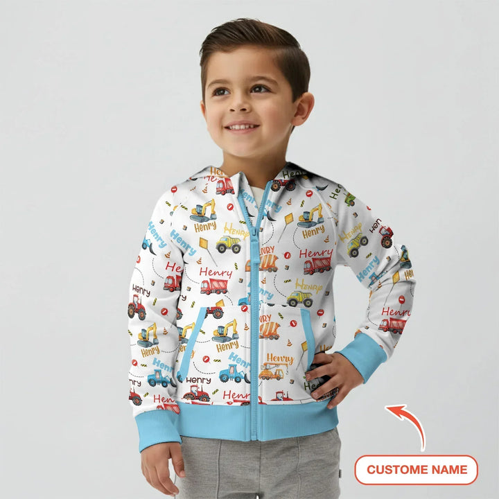 Construction Vehicles Custom Name Bamboo Zip Hoodie