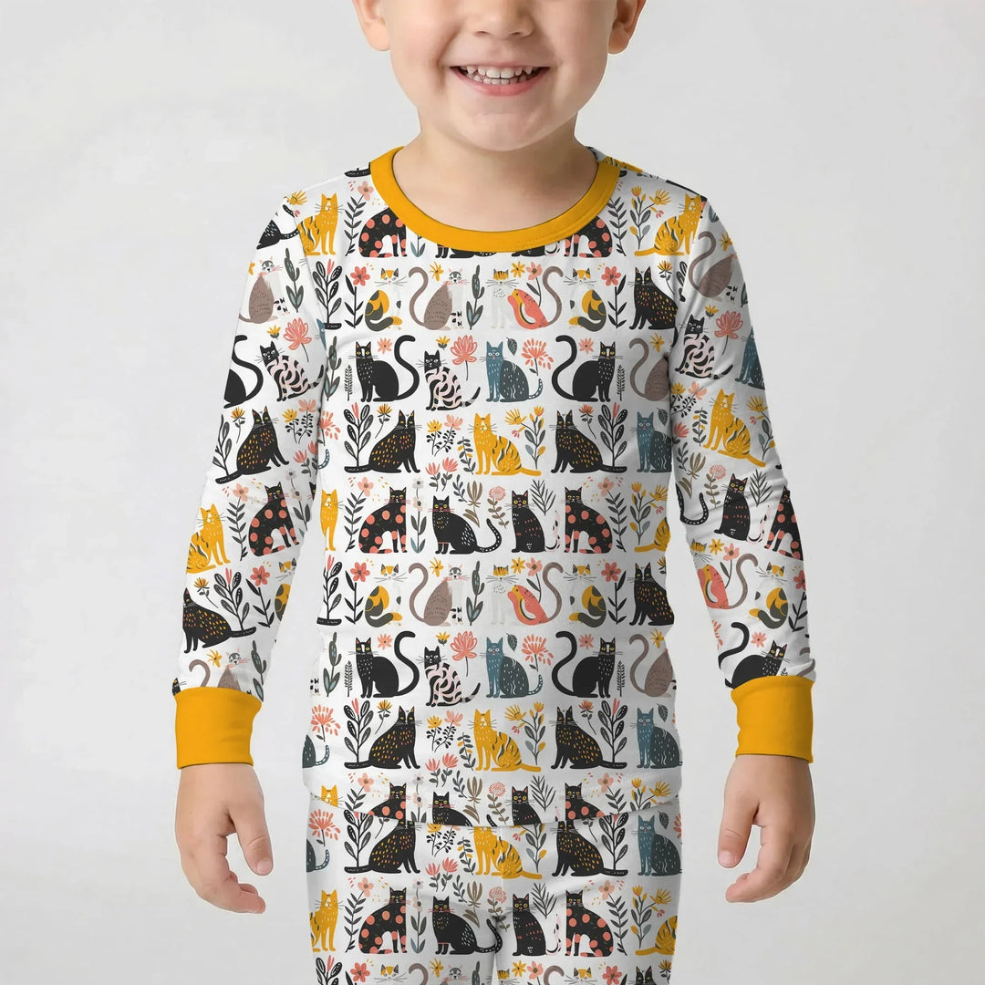 Botanical Cats Bamboo Two Piece Long Sleeve Pajama Set